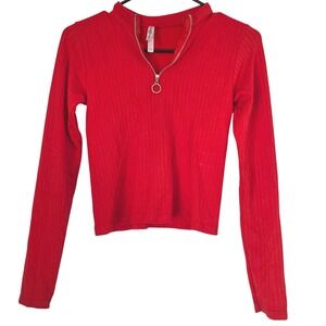 Love Charm Red Ribbed Mock Neck Ring Zipper Long Sleeve Crop Top OS
